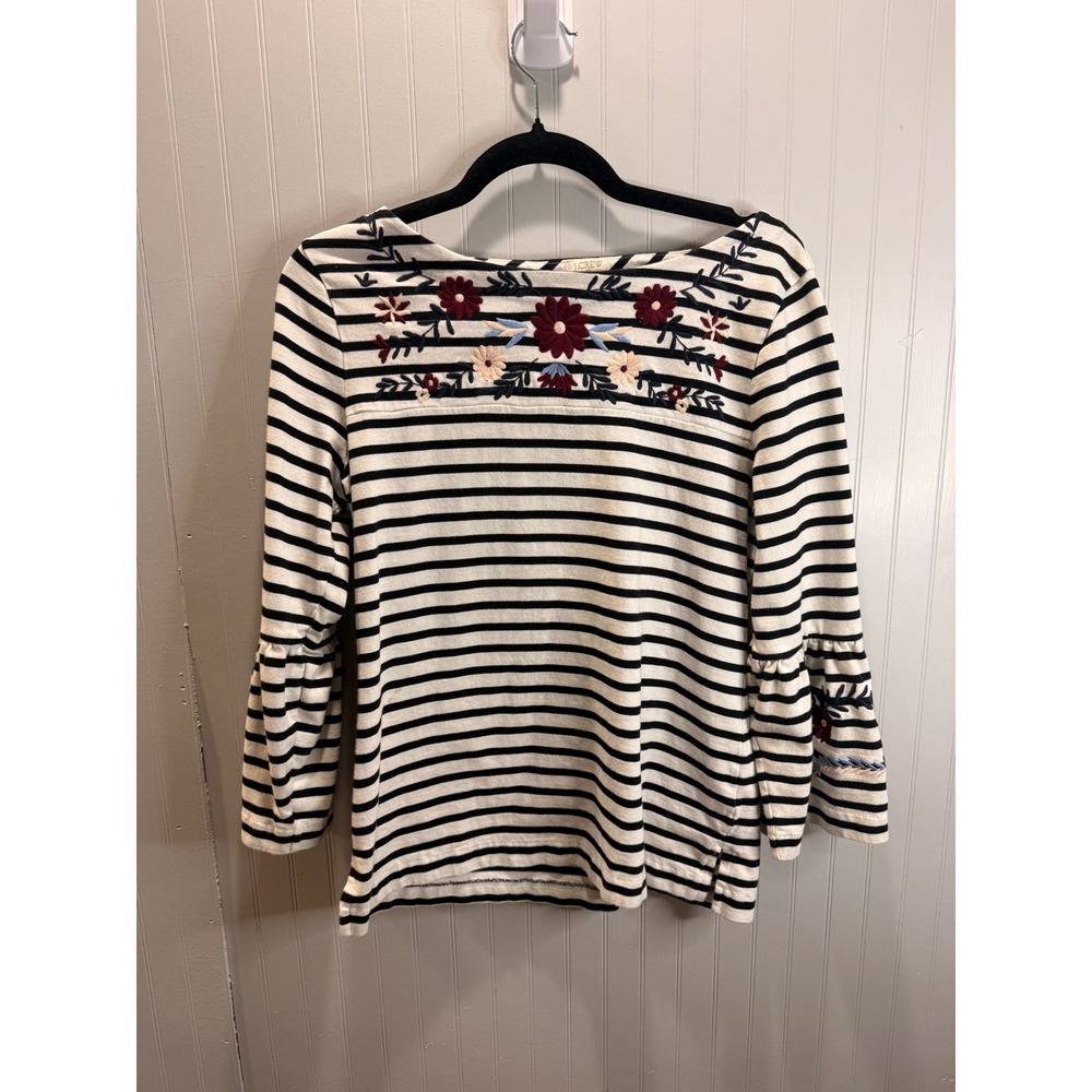 J.Crew Womens Floral Embroidered Striped Ruffle Bell Sleeve Top Black Ivory M